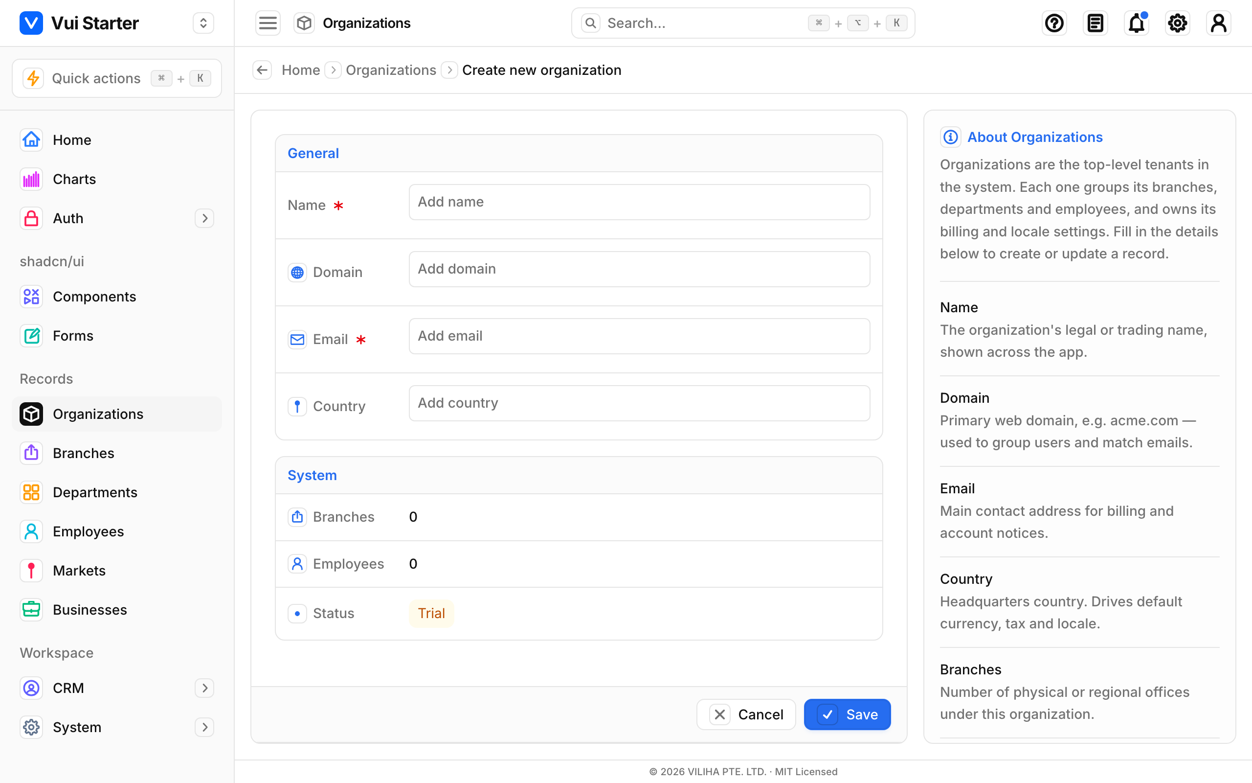 Full-page record form: Create organization, with the documentation panel and Save/Cancel footer