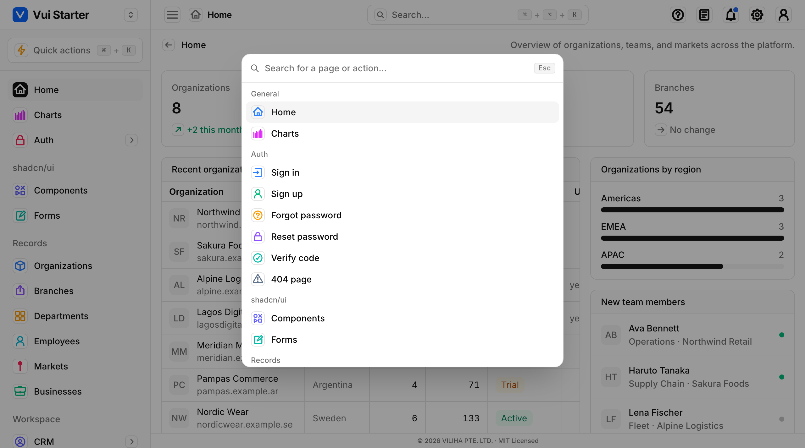 Quick actions (⌘K): jump to any page, grouped like the sidebar