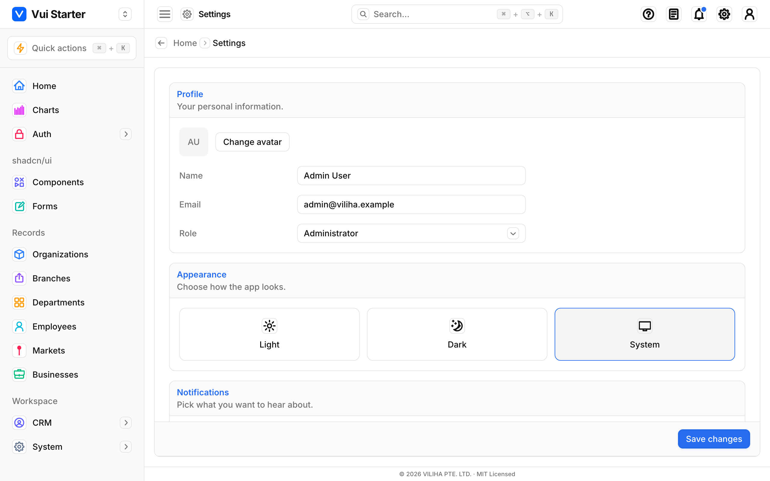 Settings page: a single card of Section blocks with a fixed Save footer