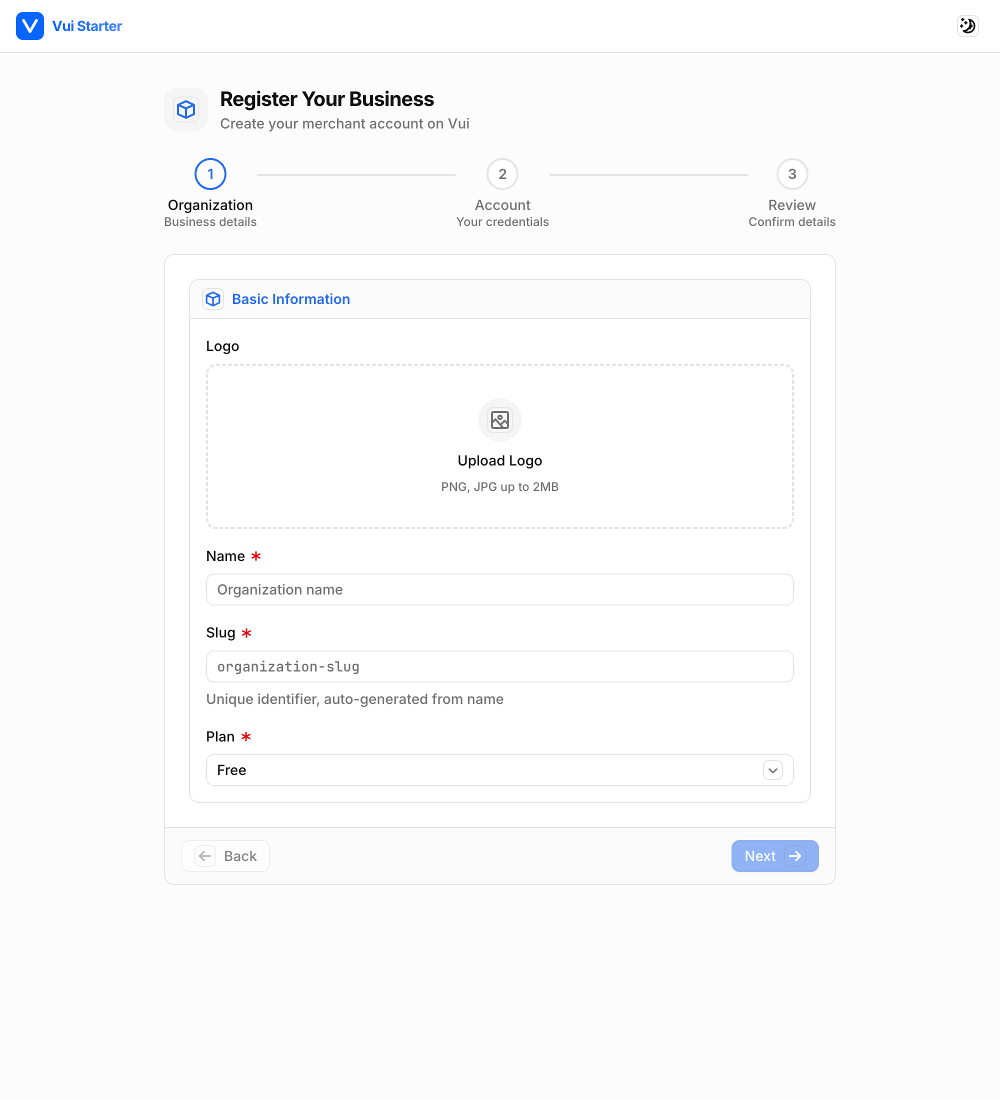 Register Your Business: a three-step wizard built with the Steps indicator